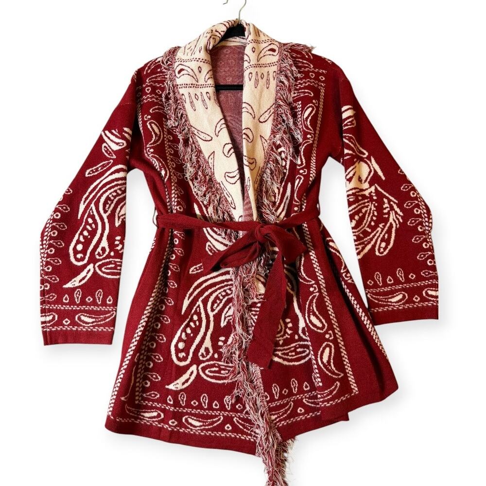 Saodimallsu Bandana Print Fringed Belted Cardigan, Women's M